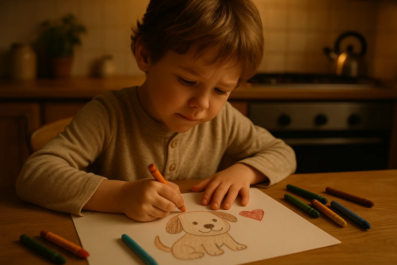 A child drawing a picture of their dog with crayons