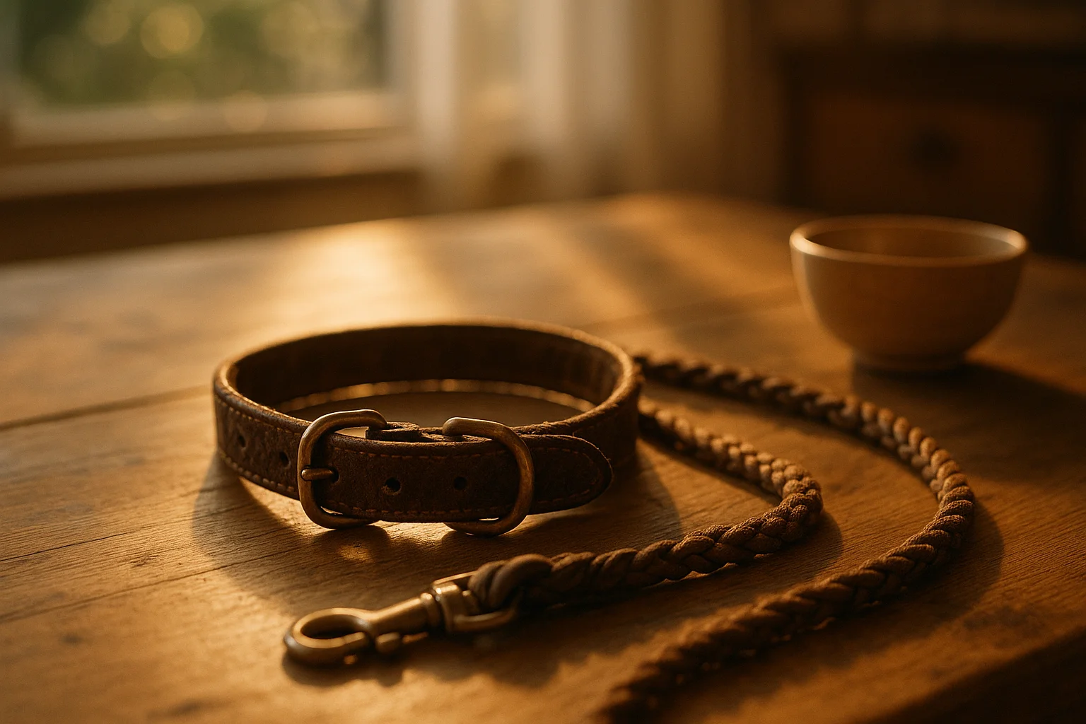 A dog's collar and leash resting on a table in warm golden light