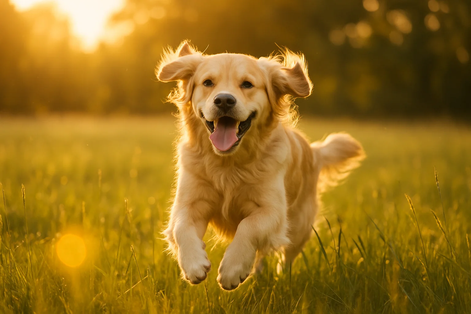 A joyful dog running through a sunlit field of green grass