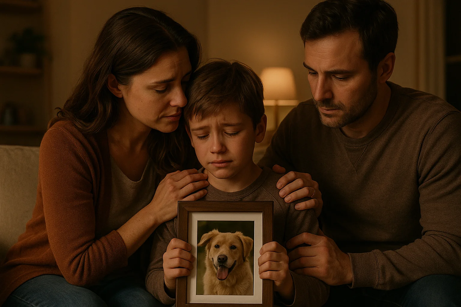 A family comforting their child about the loss of a pet