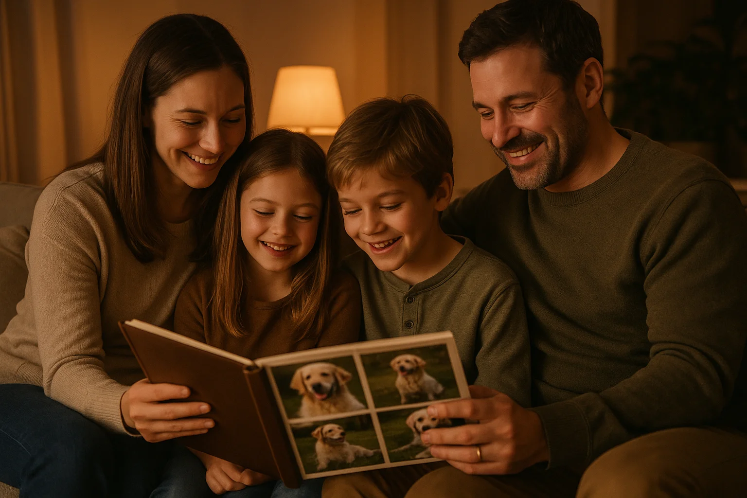 A family sitting together looking through photo albums of their pet