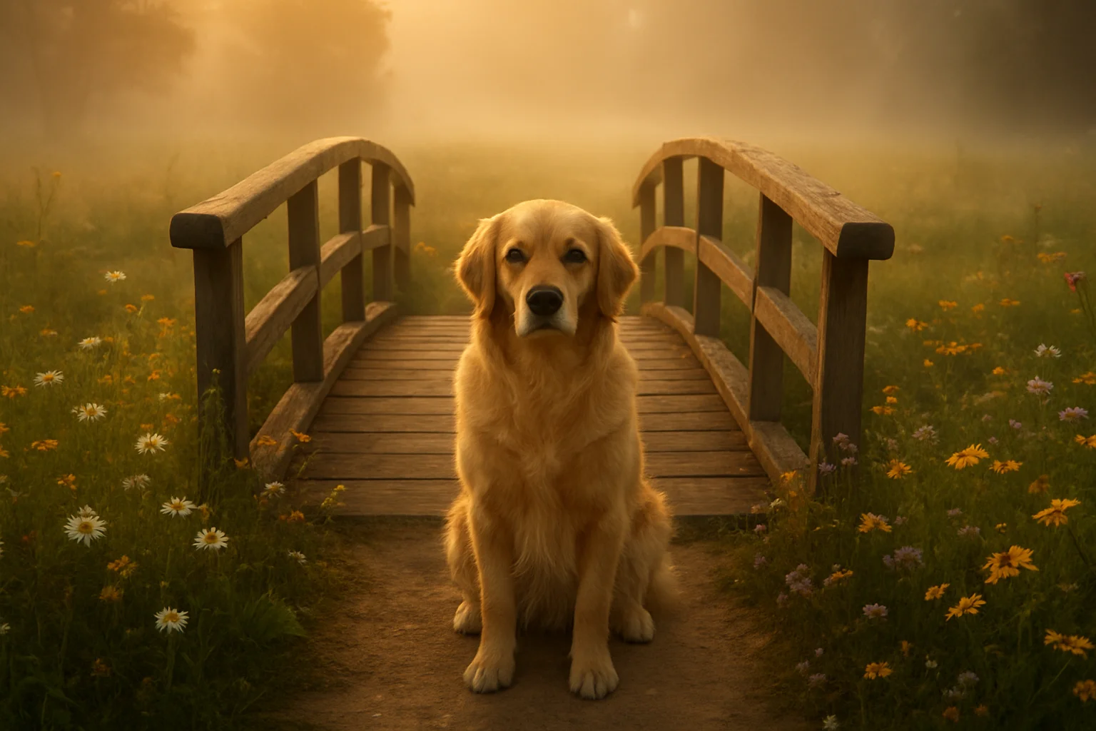 A golden retriever sitting patiently at a wooden bridge, waiting